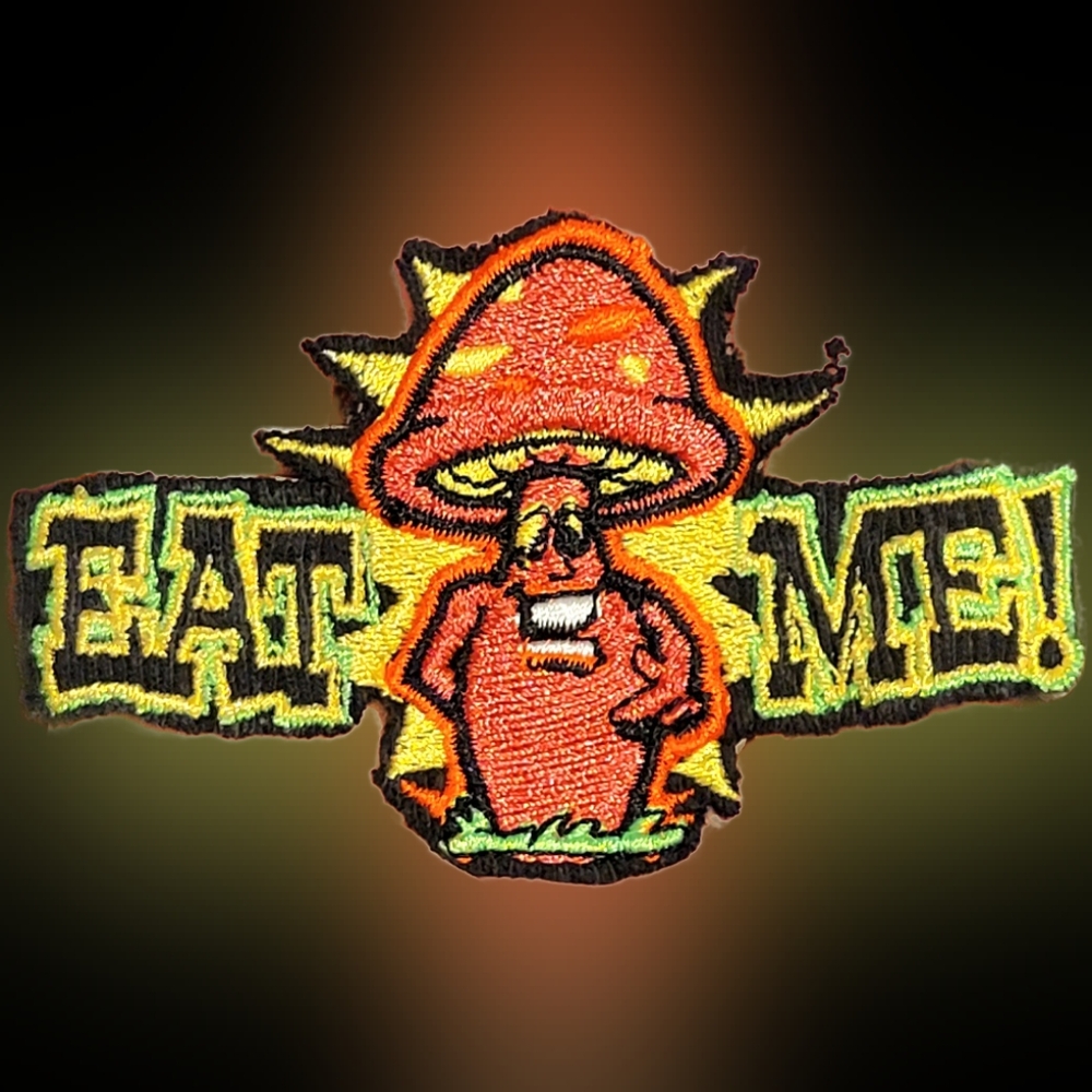 Vtg 90s rad neon psychedelic cartoon mushroom eat me graphic iron on patch